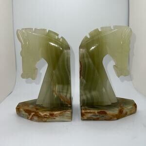 VINTAGE Marble Horse Head Bookends Chess Knight Book Ends Green Library